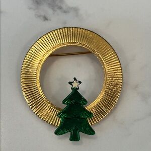 Gold and Green Christmas Tree Brooch